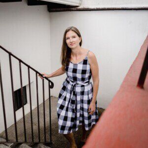 LIZ ALIG BLACK WHITE GINGHAM BUFFALO PLAID HANDWOVEN DRESS, SMALL